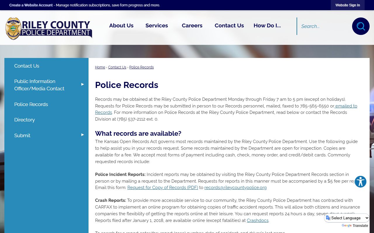Riley County inmate records request channels on the RCPD records page