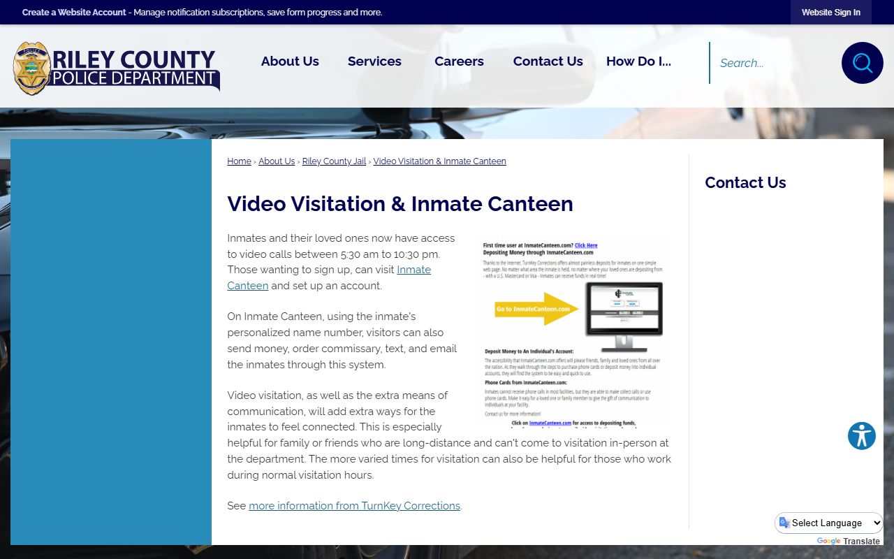 Riley County Jail video visitation and Inmate Canteen instructions